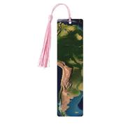 Lot de 5 marque-pages en bois avec image satellite d'Amérique du Sud, faits à la main, imprimés double face, avec pompons roses, accessoires de livre, cadeau pour les amateurs de livres, femmes et