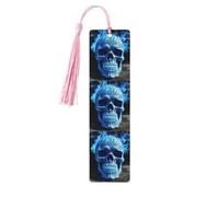 Lot de 5 marque-pages en bois avec impression 3D en forme de tête de mort bleue - Marqueurs de page imprimés double face avec pompons roses - Cadeau pour les amateurs de livres, femmes et hommes