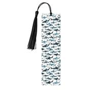 Lot de 5 marque-pages en bois avec motif de requin avec différents gestes imprimés pour hommes et femmes, marque-pages avec pompon, cadeaux pour les amateurs de livres
