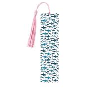Lot de 5 marque-pages en bois avec motif de requin avec différents gestes imprimés pour hommes et femmes, marque-pages avec pompon, cadeaux pour les amateurs de livres