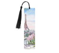 Lot de 5 marque-pages en bois avec motif Tour Eiffel de Paris avec fleurs et pompons, marque-pages de lecture, cadeaux pour homme et femme