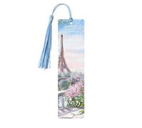 Lot de 5 marque-pages en bois avec motif Tour Eiffel de Paris avec fleurs et pompons, marque-pages de lecture, cadeaux pour homme et femme