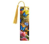 Lot de 5 marque-pages en bois avec pompons et papillons bleus et fleurs, cadeaux pour les amateurs de livres