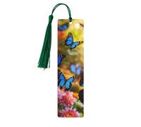 Lot de 5 marque-pages en bois avec pompons et papillons bleus et fleurs, cadeaux pour les amateurs de livres