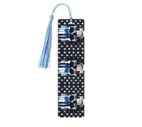 Lot de 5 marque-pages en bois avec pompons et rayures bleues et motif tête de mort - Cadeaux pour les amateurs de livres