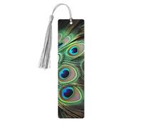 Lot de 5 marque-pages en bois avec pompons gris faits à la main avec plumes de paon vertes imprimées double face, accessoires de livre, cadeau pour les amateurs de livres, femmes et hommes