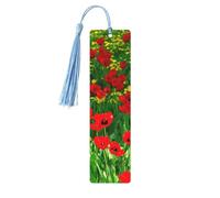 Lot de 5 marque-pages en bois avec pompons, motif coquelicot rouge, paysage, ferme, prairie, paysage, pour homme et femme