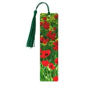 Lot de 5 marque-pages en bois avec pompons, motif coquelicot rouge, paysage, ferme, prairie, paysage, pour homme et femme