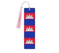 Lot de 5 marque-pages en bois avec pompons, motif drapeau du Cambodge