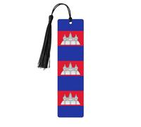 Lot de 5 marque-pages en bois avec pompons, motif drapeau du Cambodge