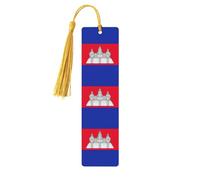 Lot de 5 marque-pages en bois avec pompons, motif drapeau du Cambodge