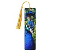 Lot de 5 marque-pages en bois bleu paon - Fait à la main - Imprimé double face - Avec pompons dorés - Accessoires de livre - Cadeau pour les amateurs de livres - Pour homme et femme