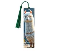 Lot de 5 marque-pages en bois d'alpaga mignon avec pompons vert foncé faits à la main - Marque-pages imprimés double face - Accessoires de livre - Cadeau pour les amateurs de livres - Pour homme et