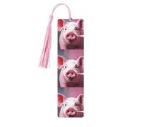 Lot de 5 marque-pages en bois de cochon avec pompons roses faits à la main - Marque-pages imprimés recto-verso - Accessoires de livre - Cadeau pour les amateurs de livres - Cadeau pour les amateurs de