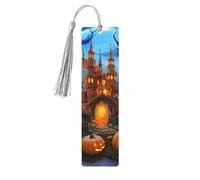 Lot de 5 marque-pages en bois en forme de château d'Halloween avec pompons colorés pour les amateurs de livres, cadeaux inhabituels pour homme et femme