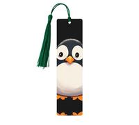 Lot de 5 marque-pages en bois en forme de pingouin avec pompons vert foncé faits à la main - Marque-pages imprimés double face - Accessoires de livre - Cadeau pour les amateurs de livres pour femmes