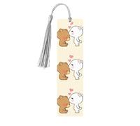 Lot de 5 marque-pages en bois imprimé ours blanc marron pour homme et femme avec pompon, marque-pages cadeaux pour les amateurs de livres