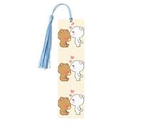 Lot de 5 marque-pages en bois imprimé ours blanc marron pour homme et femme avec pompon, marque-pages cadeaux pour les amateurs de livres