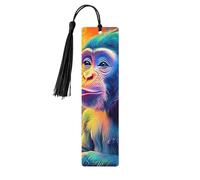 Lot de 5 marque-pages en bois imprimés double face avec un primate coloré avec un singe portant une tasse à café - Cadeaux d'anniversaire pour homme - Cadeau pour les amateurs de livres