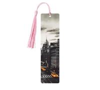 Lot de 5 marque-pages en bois « Love from New York » - Fait à la main - Imprimé double face - Avec pompons roses - Cadeau pour les amateurs de livres - Pour homme et femme