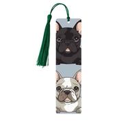 Lot de 5 marque-pages en bois motif bouledogue français avec pompons vert foncé faits à la main double face imprimés pour les amateurs de livres pour femmes et hommes