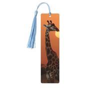 Lot de 5 marque-pages en bois motif girafe au coucher de soleil avec pompons bleu ciel imprimés double face - Accessoires de livre - Cadeau pour les amateurs de livres - Pour homme et femme