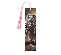 Lot de 5 marque-pages en bois motif hibou debout sur l'arbre - Fait à la main - Imprimé double face - Avec pompons roses - Cadeau pour les amateurs de livres - Pour homme et femme