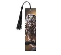 Lot de 5 marque-pages en bois motif hibou debout sur l'arbre - Marque-pages imprimés double face avec pompons noirs - Cadeau pour les amateurs de livres, femmes et hommes