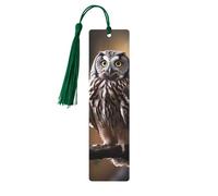 Lot de 5 marque-pages en bois motif hibou debout sur l'arbre - Marque-pages imprimés double face avec pompons vert foncé - Accessoires de livre - Cadeau pour les amateurs de livres, femmes et hommes