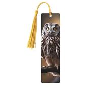 Lot de 5 marque-pages en bois motif hibou debout sur l'arbre - Marque-pages imprimés double face avec pompons dorés - Cadeau pour les amateurs de livres, femmes et hommes