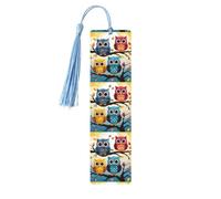 Lot de 5 marque-pages en bois motif hiboux sur branches d'arbre - Marqueurs de page imprimés double face avec pompons bleu ciel - Accessoires de livre - Cadeau pour les amateurs de livres, femmes et