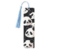 Lot de 5 marque-pages en bois motif panda mignon - Fait à la main - Imprimé double face - Avec pompons bleu ciel - Accessoires de livre - Cadeau pour les amateurs de livres - Pour homme et femme