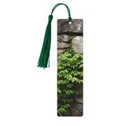 Lot de 5 marque-pages en bois motif plante sur mur de pierre, faits à la main, imprimés double face, avec pompons vert foncé, accessoires de livre, cadeau pour les amateurs de livres, femmes et hommes