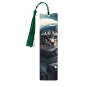 Lot de 5 marque-pages en bois pour homme et femme avec trous et glands - Motif chat astronaute dans l'espace - Ornements faits à la main - Marque-pages pour cadeaux