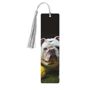 Lot de 5 marque-pages en bois pour homme et femme - Bouledogue avec boule jaune - Marque-pages uniques faits à la main avec pampille - Marque-page artisanal pour les amateurs de livres, cadeau