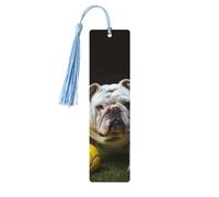 Lot de 5 marque-pages en bois pour homme et femme - Bouledogue avec boule jaune - Marque-pages uniques faits à la main avec pampille - Marque-page artisanal pour les amateurs de livres, cadeau