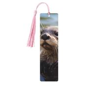 Lot de 5 marque-pages en bois pour homme et femme, motif loutre jouant dans l'eau, marque-pages uniques faits à la main avec pampille pour les amateurs de livres, cadeau d'anniversaire, enseignants