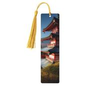 Lot de 5 marque-pages en bois pour homme et femme Motif paysage du mont Fuji du Japon Fait à la main avec pompon Pendentif Artisanat Marque-page pour les amateurs de livres, cadeau d'anniversaire et