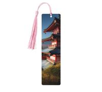 Lot de 5 marque-pages en bois pour homme et femme Motif paysage du mont Fuji du Japon Fait à la main avec pompon Pendentif Artisanat Marque-page pour les amateurs de livres, cadeau d'anniversaire et