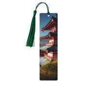 Lot de 5 marque-pages en bois pour homme et femme Motif paysage du mont Fuji du Japon Fait à la main avec pompon Pendentif Artisanat Marque-page pour les amateurs de livres, cadeau d'anniversaire et