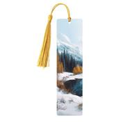 Lot de 5 marque-pages en bois pour homme et femme - Scène d'hiver - Montagnes et neige - Marque-pages uniques faits à la main avec pompon - Marque-page pour les amateurs de livres, cadeau