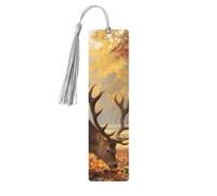Lot de 5 marque-pages en bois pour les amateurs de livres avec pompons colorés, faits à la main, cerfs, arbres d'automne, marque-page double face, accessoires de livre artistique, cadeau pour homme et