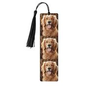 Lot de 5 marque-pages en bois vintage avec pompons - Joli golden retriever - Fait à la main - Marqueurs de page - Étiquettes à suspendre en bois pour les amateurs de livres