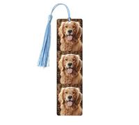 Lot de 5 marque-pages en bois vintage avec pompons - Joli golden retriever - Fait à la main - Marqueurs de page - Étiquettes à suspendre en bois pour les amateurs de livres