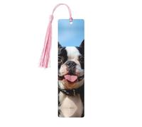 Lot de 5 marque-pages en bois vintage avec pompons - Joli terrier de Boston - Fait à la main - Marqueurs de page - Étiquettes à suspendre en bois pour les amateurs de livres