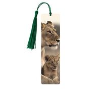 Lot de 5 marque-pages en bois vintage avec pompons - Lionne avec ourson - Fait à la main - Marqueurs de page - Étiquettes à suspendre en bois pour les amateurs de livres