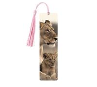 Lot de 5 marque-pages en bois vintage avec pompons - Lionne avec ourson - Fait à la main - Marqueurs de page - Étiquettes à suspendre en bois pour les amateurs de livres