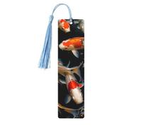 Lot de 5 marque-pages en bois vintage avec pompons - Marque-page en bois japonais fantaisie - Poissons carpes koï - Fait à la main - Marqueurs de page - Étiquettes décoratives à suspendre pour les