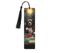 Lot de 5 marque-pages en bois vintage avec pompons - Motif chiens de poker - Fait à la main - Marqueurs de page en bois à suspendre pour les amateurs de livres