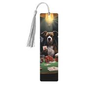 Lot de 5 marque-pages en bois vintage avec pompons - Motif chiens de poker - Fait à la main - Marqueurs de page en bois à suspendre pour les amateurs de livres